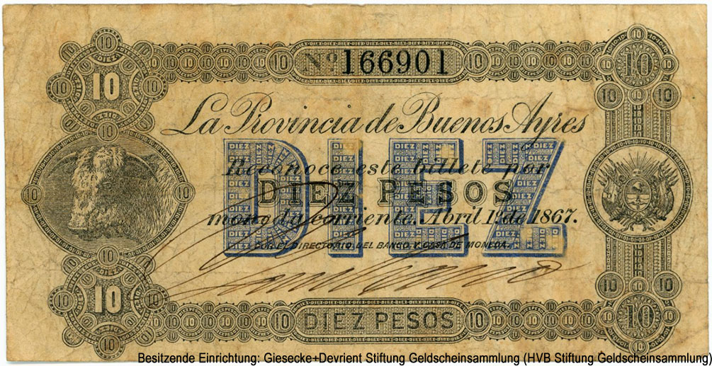 Provincia de Buenos Aires 10 PESOS Abril 1º de 1867.