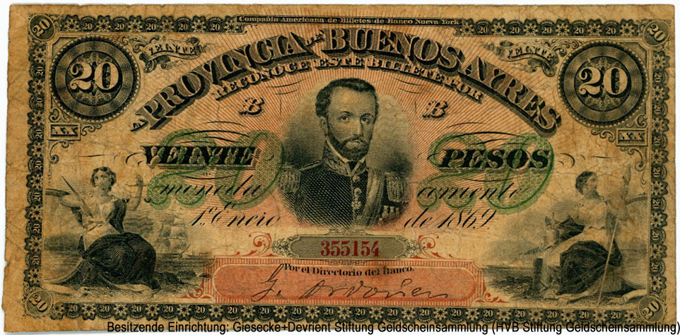 Provincia de Buenos Aires 20 pesos 1º Enero de 1869.