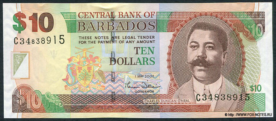 CENTRAL BANK OF BARBADOS $10 THESE NOTES ARE LEGAL TENDER FOR THE PAYMENT OF ANY AMOUNT TEN DOLLARS 1 MAY 2007