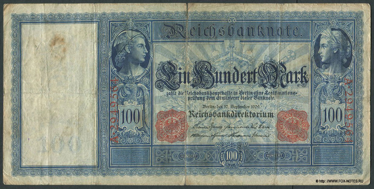 Deutsches Reich (Германская Империя). Reichsbank. Reichsbanknote. 100 Mark. 10. September 1909. „Flotten-Hunderter“. (Имперская банкнота 100 марок 1909)