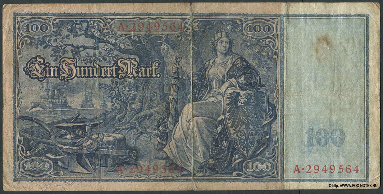 Deutsches Reich (Германская Империя). Reichsbank. Reichsbanknote. 100 Mark. 10. September 1909. „Flotten-Hunderter“. (Имперская банкнота 100 марок 1909)