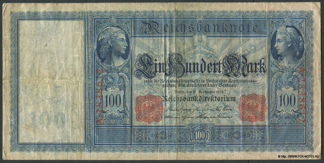 Deutsches Reich (Германская Империя). Reichsbank. Reichsbanknote. 100 Mark. 10. September 1909. „Flotten-Hunderter“. (Имперская банкнота 100 марок 1909)
