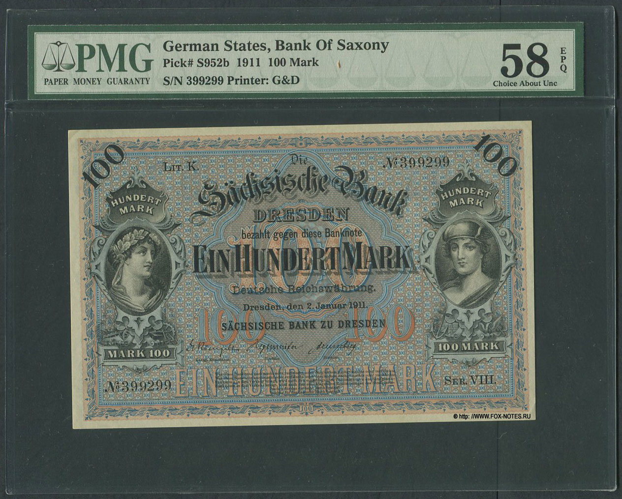 Sächsischen Bank zu Dresden. Banknote 100 Mark Deutsche Reichswährung. 2. Januar 1911.