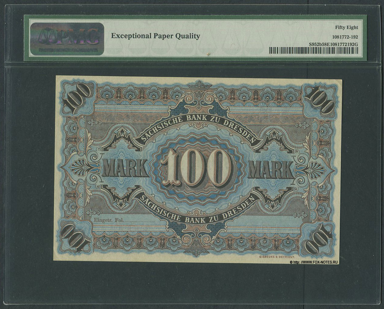 Sächsischen Bank zu Dresden. Banknote 100 Mark Deutsche Reichswährung. 2. Januar 1911.