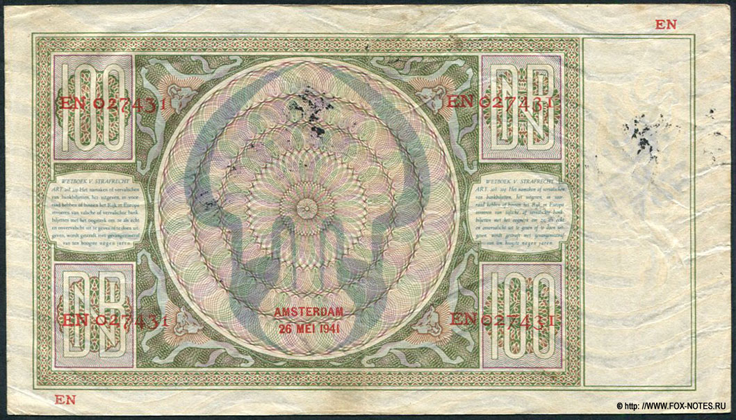 NEDERLANDSCHE BANK 100 gulden 26 MEI 1941. EN
