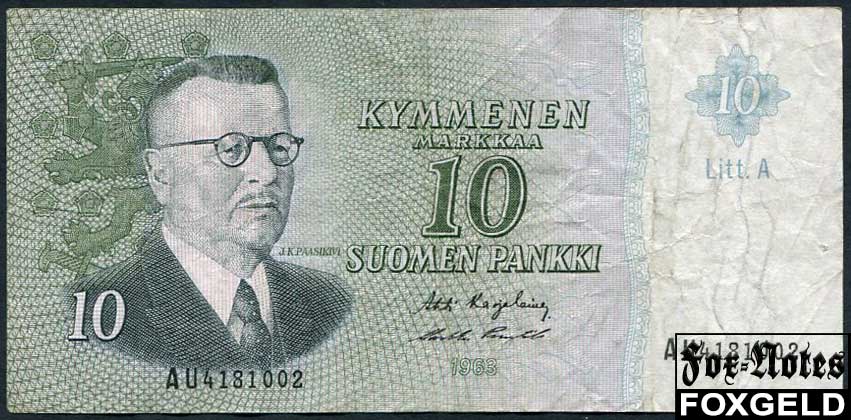 Финляндия 10 марок 1963 Litt. A = Karjalainen Punt