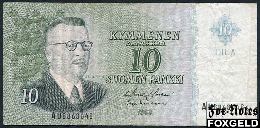 Финляндия 10 марок 1963 Litt. A - Holkeri, Lindblom.