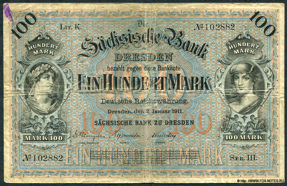 Sächsischen Bank zu Dresden. Banknote 100 Mark. 2. Januar 1911.