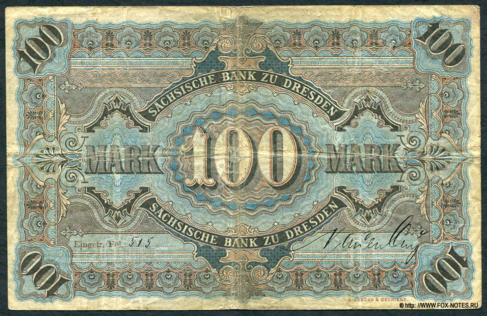 Sächsischen Bank zu Dresden. Banknote 100 Mark. 2. Januar 1911.
