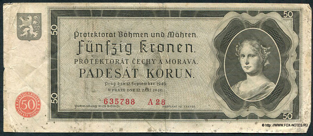 Staatsnoten für das Protektorat Böhmen und Mähren 50 Kronen 2. September 1940 / 12. ZÁŘI 1940.