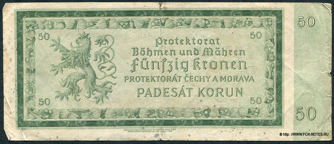 Staatsnoten für das Protektorat Böhmen und Mähren 50 Kronen 2. September 1940 / 12. ZÁŘI 1940.