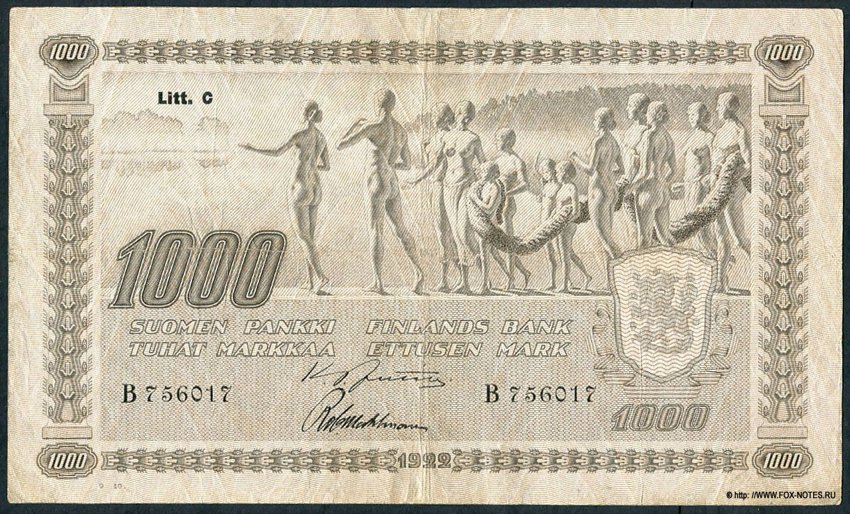 Suomen Pankki - Finlands Bank Setelistä 1000 markkaa Sedel 1000 mark. 1922 Litt. C. Jutila, Wahlman.