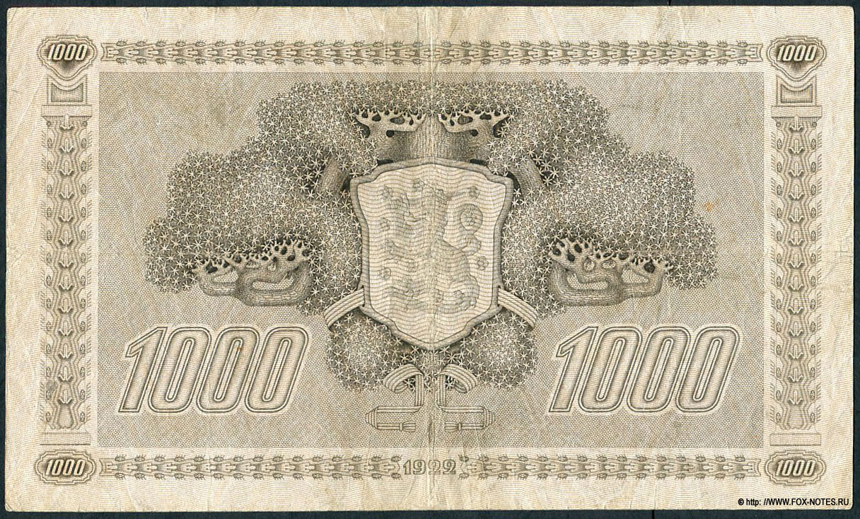 Suomen Pankki - Finlands Bank Setelistä 1000 markkaa Sedel 1000 mark. 1922 Litt. C. Jutila, Wahlman.