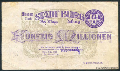 Stad Burg Bez. Magdeburg 50 000 000 Mark 1923