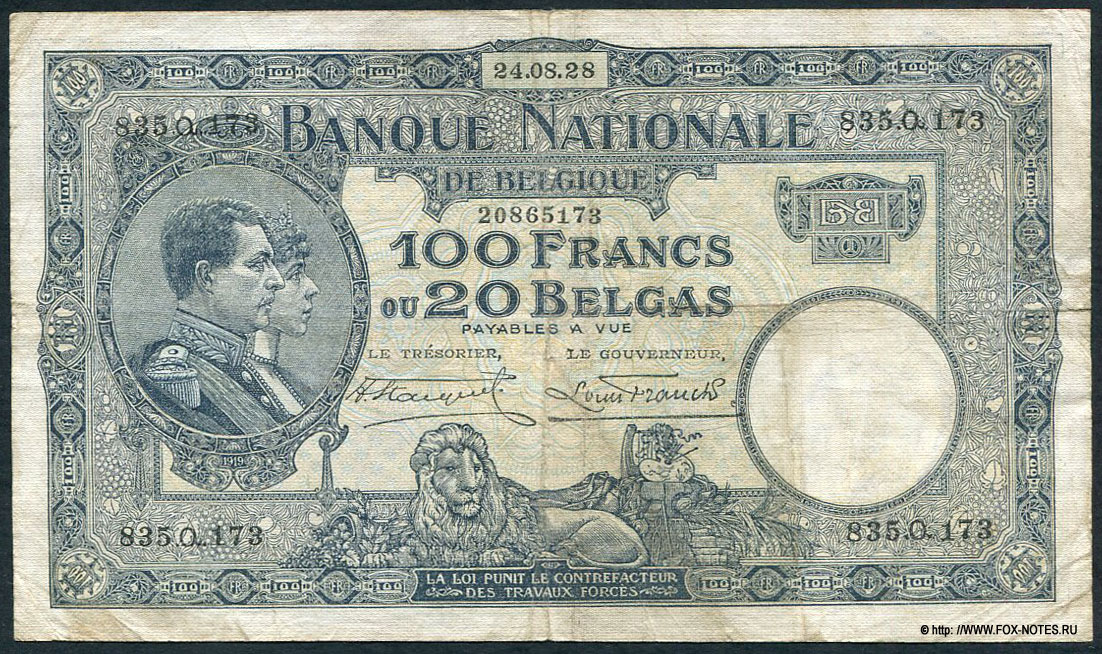 Billet Banque Nationale de Belgique 100 Francs ou 20 Belgas. 24.08.(19)28.