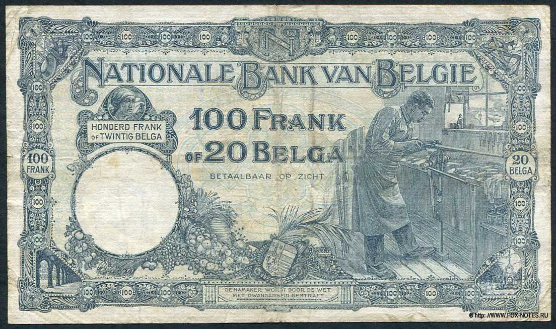 Billet Banque Nationale de Belgique 100 Francs ou 20 Belgas. 24.08.(19)28.