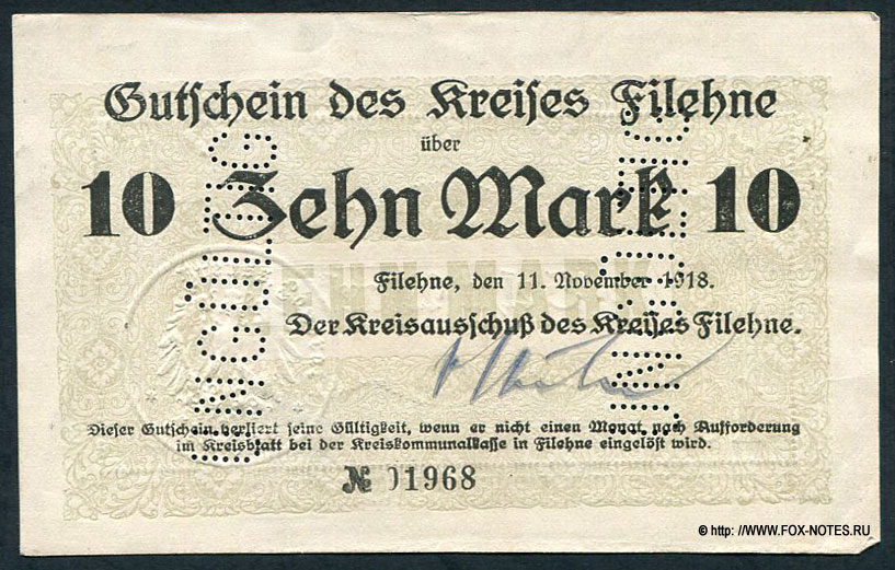 Gutschein der Kreises Filehne 10 Zehn Mark. 11. November 1918.