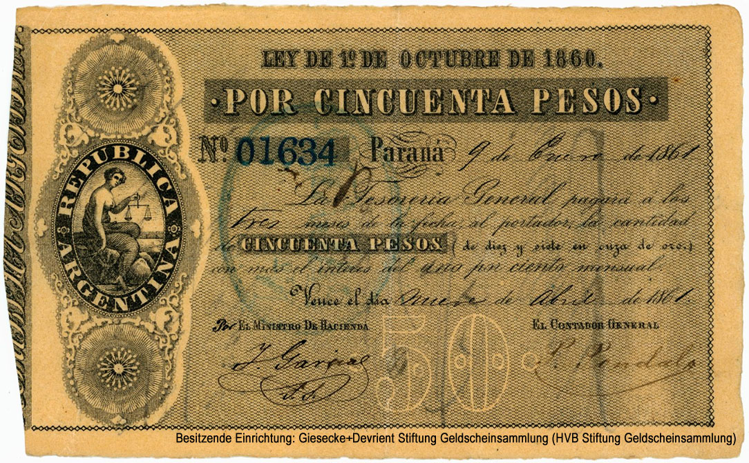 Ministerio de Hacienda 50 pesos 1861 LEY DE 1º DE OCTUBRE DE 1860