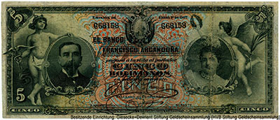 Banco Francisco Argandoña 5 Bolivianos Enero 1º. de 1907.