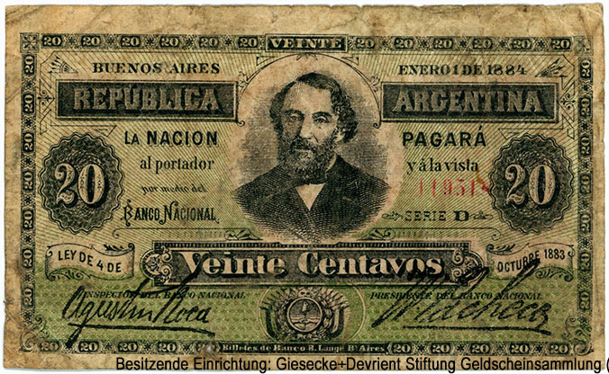República Argentina. Banco Nacional Argentina. 20 centavos 1884.