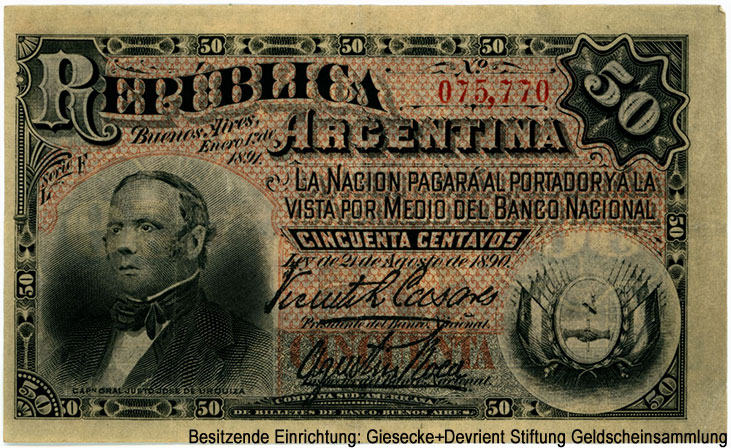 República Argentina. Banco Nacional Argentina. 50 centavos 1891.