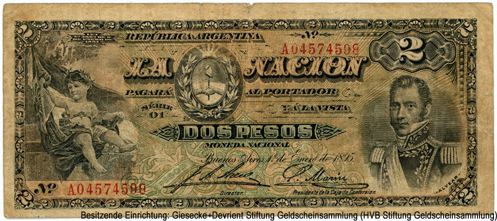 República Argentina. Banco Nacional Argentina. 2 Peso 1895.