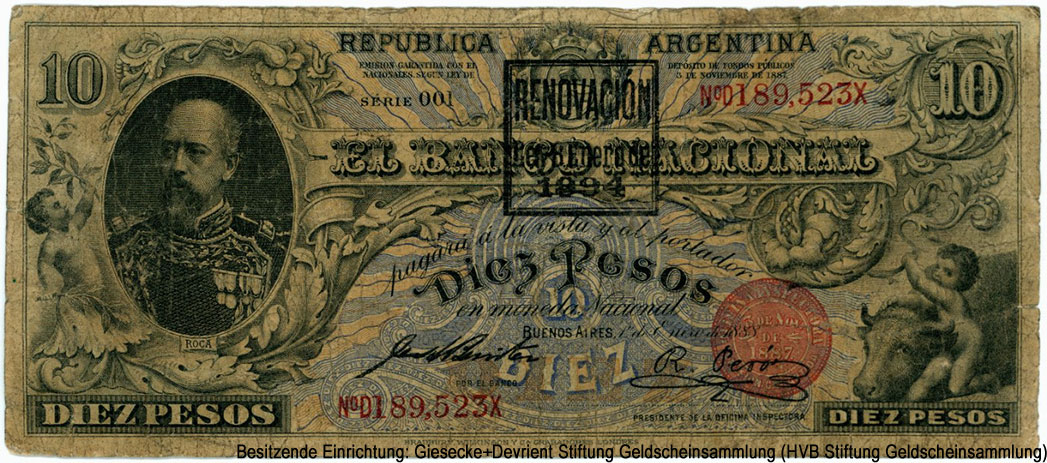 Banco Nacional (Buenos Aires) 10 peso 1º Enero de 1888 SERIE 001