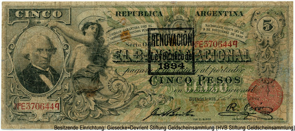Banco Nacional (Buenos Aires) 5 pesos 1º Enero de 1888.