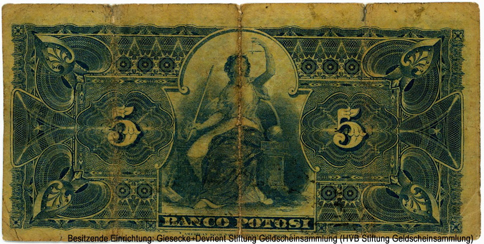 Banco Potosi 5 Bolivianos Enero 1º de 1887.
