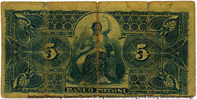 Banco Potosi 5 Bolivianos Enero 1&ordm; de 1887.