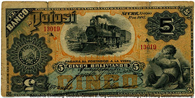 Banco Potosi 5 Bolivianos Enero 1&ordm; de 1887.