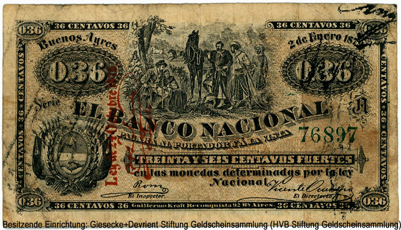 Banco de la Provincia de Buenos Aires 36 centavos 2 de Enero de 1879.