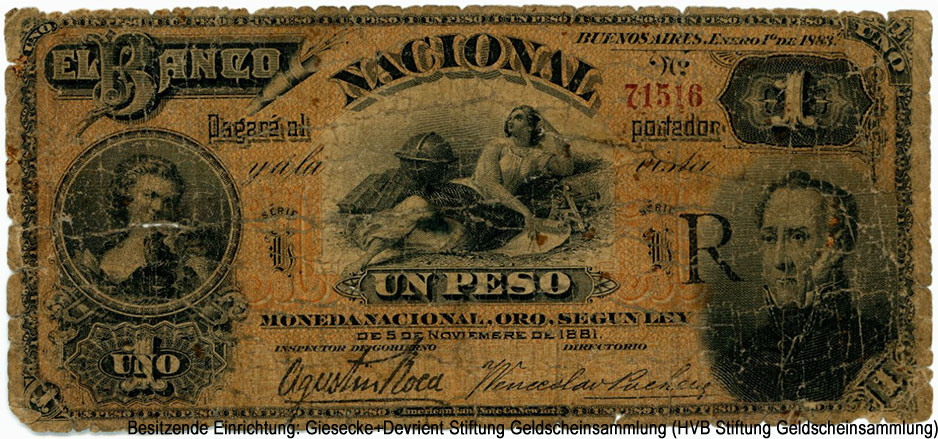 Banco de la Provincia de Buenos Aires 1 peso Enero 1º de 1883.