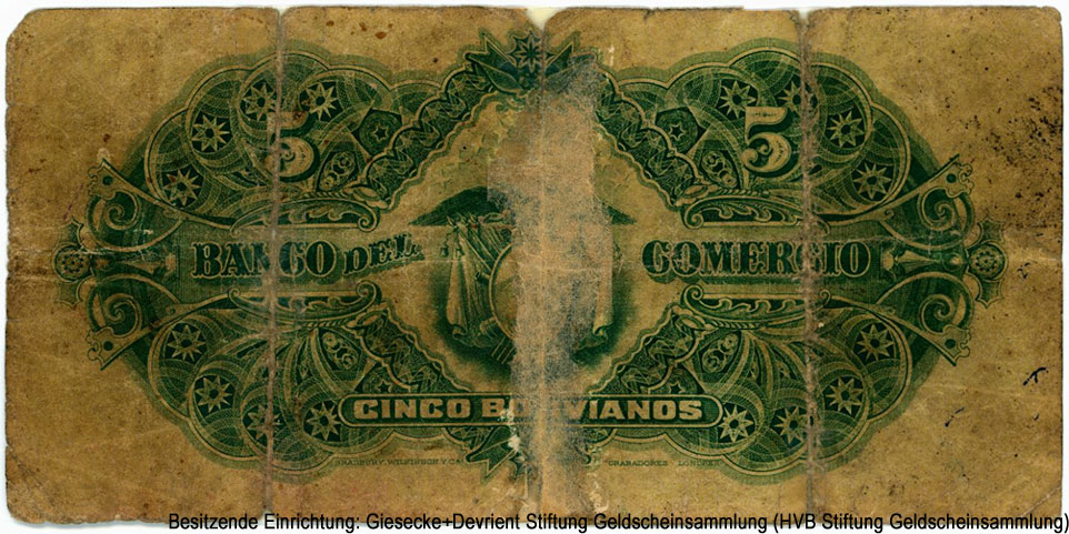 Banco del Comercio 5 Bolivianos Enero 1º de 1900.