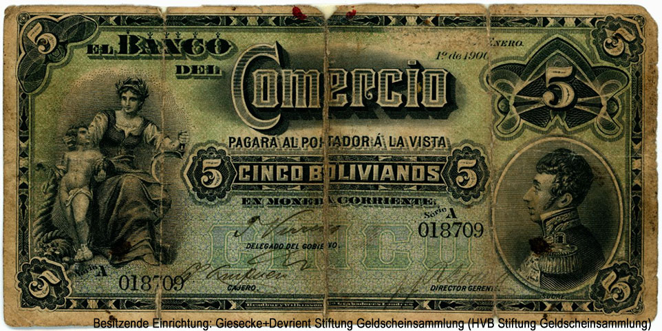 Banco del Comercio 5 Bolivianos Enero 1º de 1900.