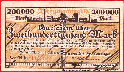 Bergbau-Akt.-Ges. Lothringen. Gutschein 200000 Mark. 22. September 1923.