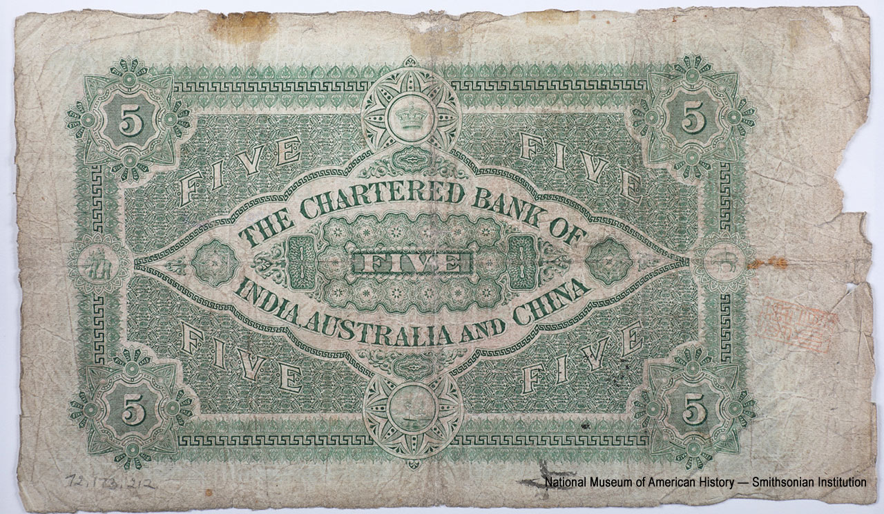 Chartered Bank of India, Australia, & China (行銀利加麥國中山金新度印) 5 dollars 1914.