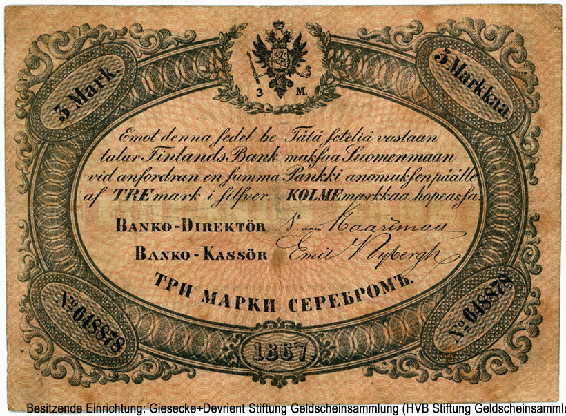 Великое Княжество Финляндское. Финляндский Банк (Suomen Pankki, Finlands Bank). Билет 3 марки серебром 1867