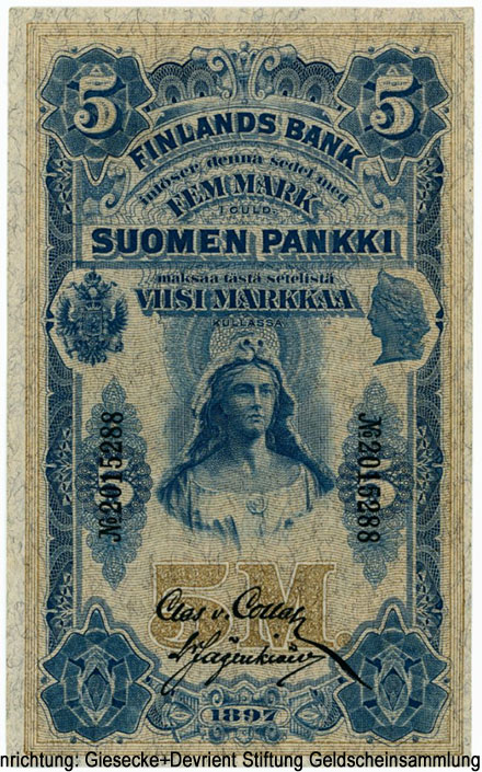 Великое Княжество Финляндское. Финляндский Банк (Suomen Pankki, Finlands Bank). Билет 5 марок золотом тип 1897 года.