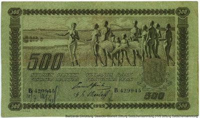 Suomen Pankki - Finlands Bank. Setelistä 500 markkaa / Sedel 500 mark. 1922 Gråsten, Thesleff.