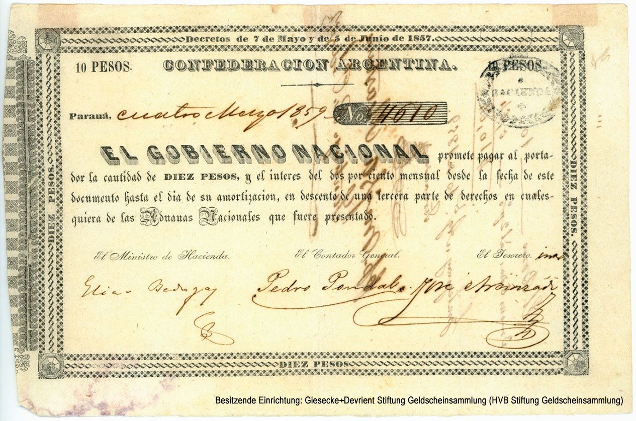CONFEDERACION ARGENTINA Gobierno Nacional. 10 Peso 1859.