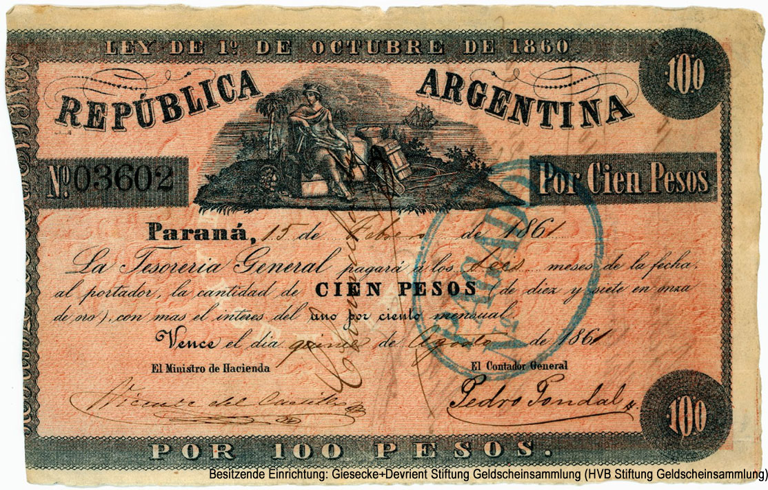 Ministerio de Hacienda 100 pesos 1861 LEY DE 1º DE OCTUBRE DE 1860