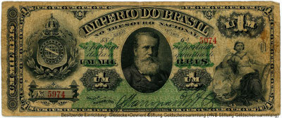 Imp&eacute;rio do Brasil vo Tesouro Nacional 1 Mil Reis 1885 6a ESTAMPA