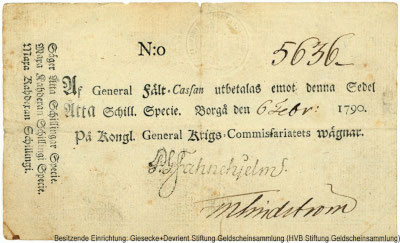 KONGL. GENERAL KRIGS COMMISSARIATET Königliches General Kriegs-Kommisfariat Finland 8 Schill. Specie. 1790.