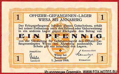 Gutschein 1 Pfennig. Wiesa bei Annaberg, 1 Januar 1916.