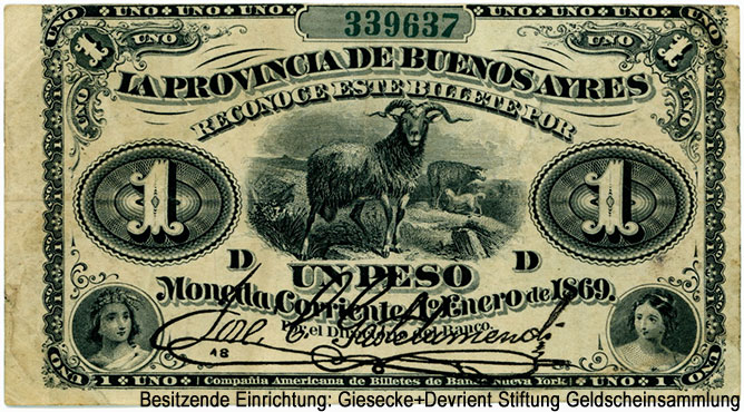 Provincia de Buenos Aires 1 peso 1º Enero de 1869.