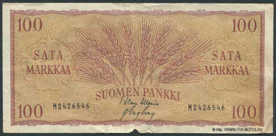  . Suomen Pankki - Finlands Bank. Setelistä 100 markkaa / Sedel 100 mark. Tyyppi 1957 (100   1957 ).