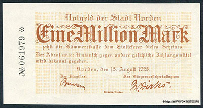 Notgeld der Stadt Norden 1 Million Mark. 18. August 1923.