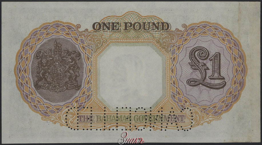 Содружество Багамских Островов. Правительство. 1 фунт 1936 г. Образец. Серия А5. № 000000.