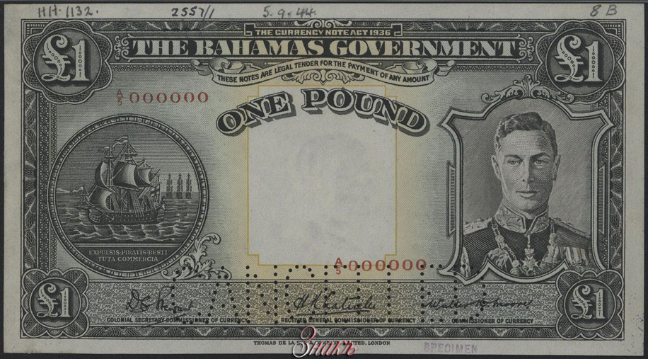 Содружество Багамских Островов. Правительство. 1 фунт 1936 г. Образец. Серия А5. № 000000.
